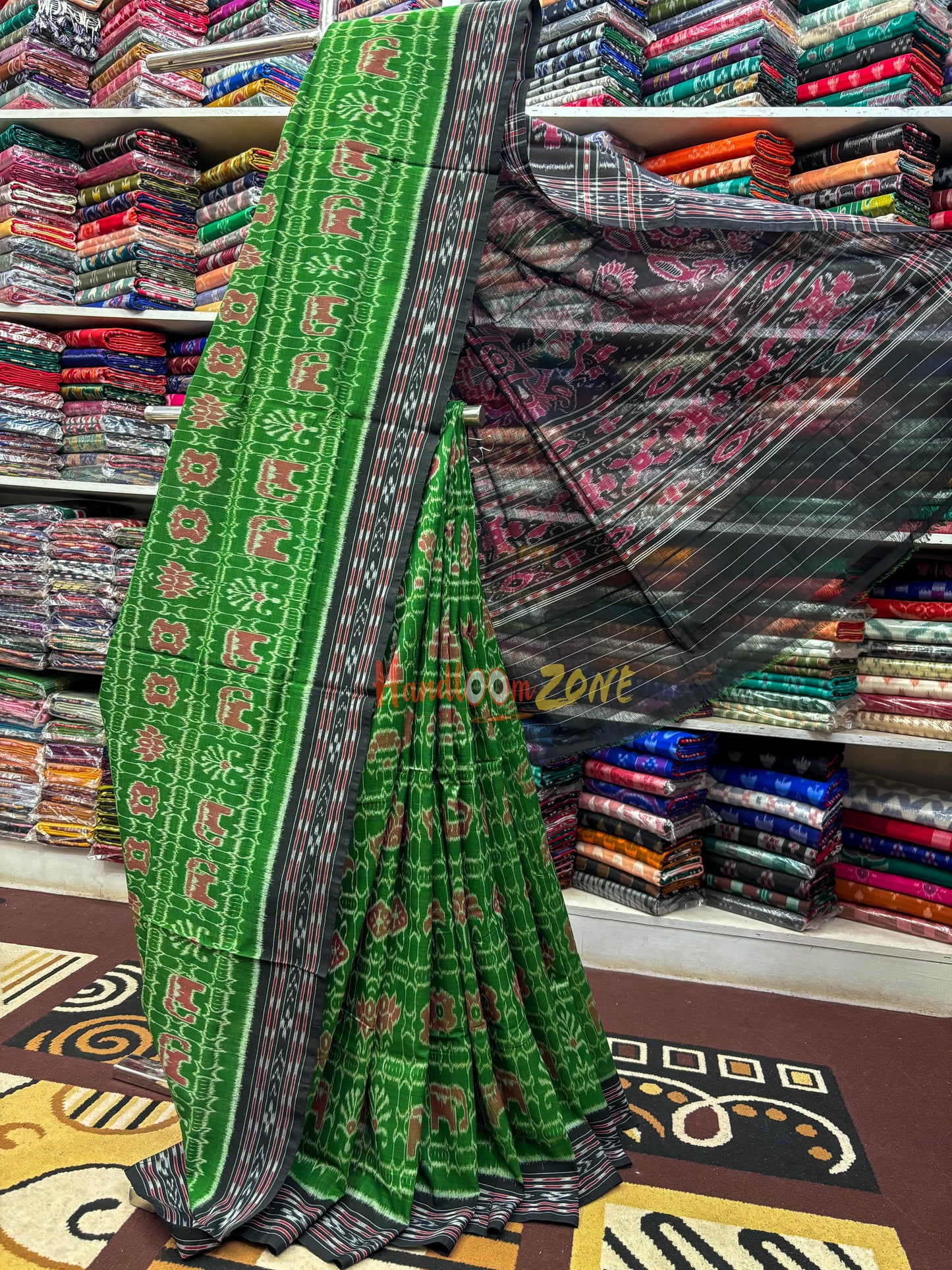 Green with black mini Nabakothi khandua cotton saree