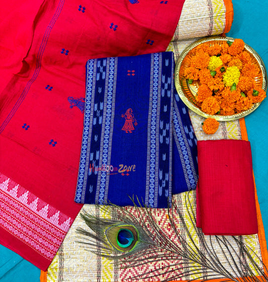 Pure cotton 3 unstitched suit set blue with red
