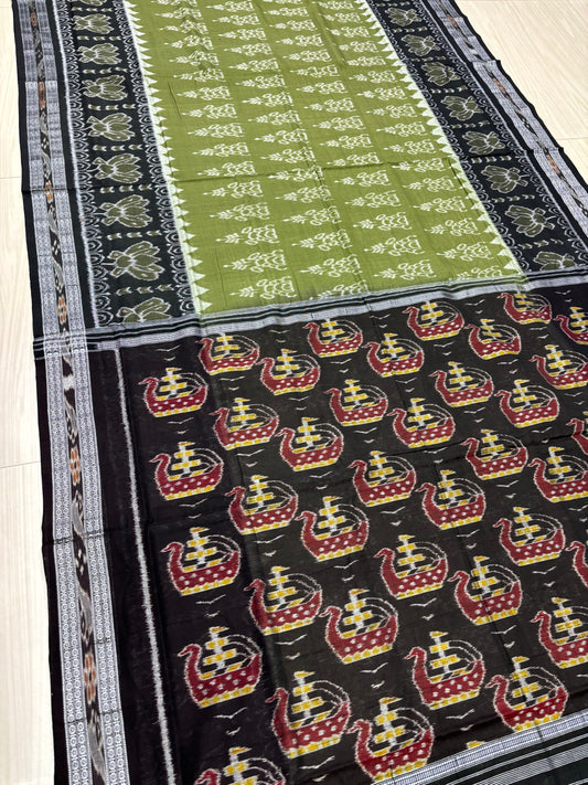 Mehendi with black boat anchal cotton saree