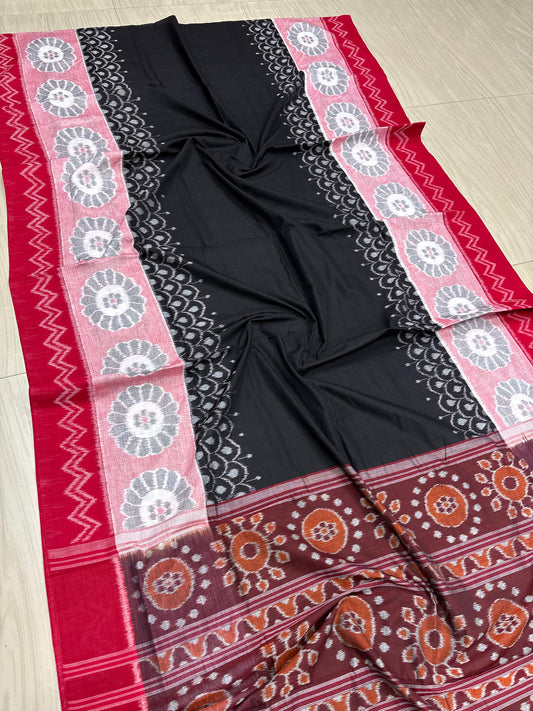 Black with red scot flowers cotton saree