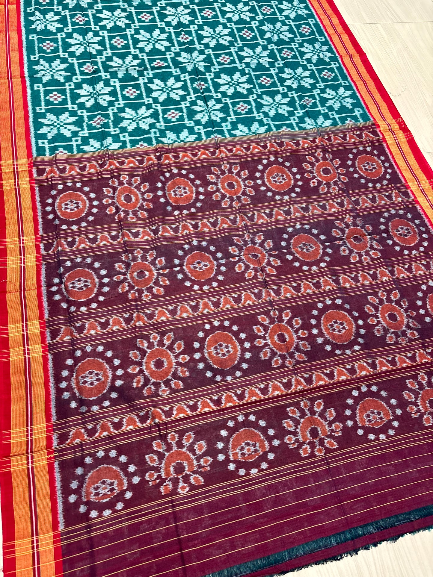 Green with red body flowers cotton saree
