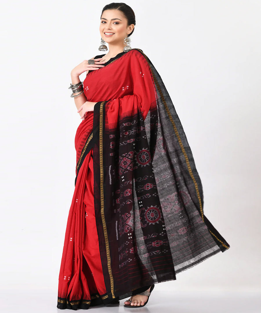 Red with black cotton saree