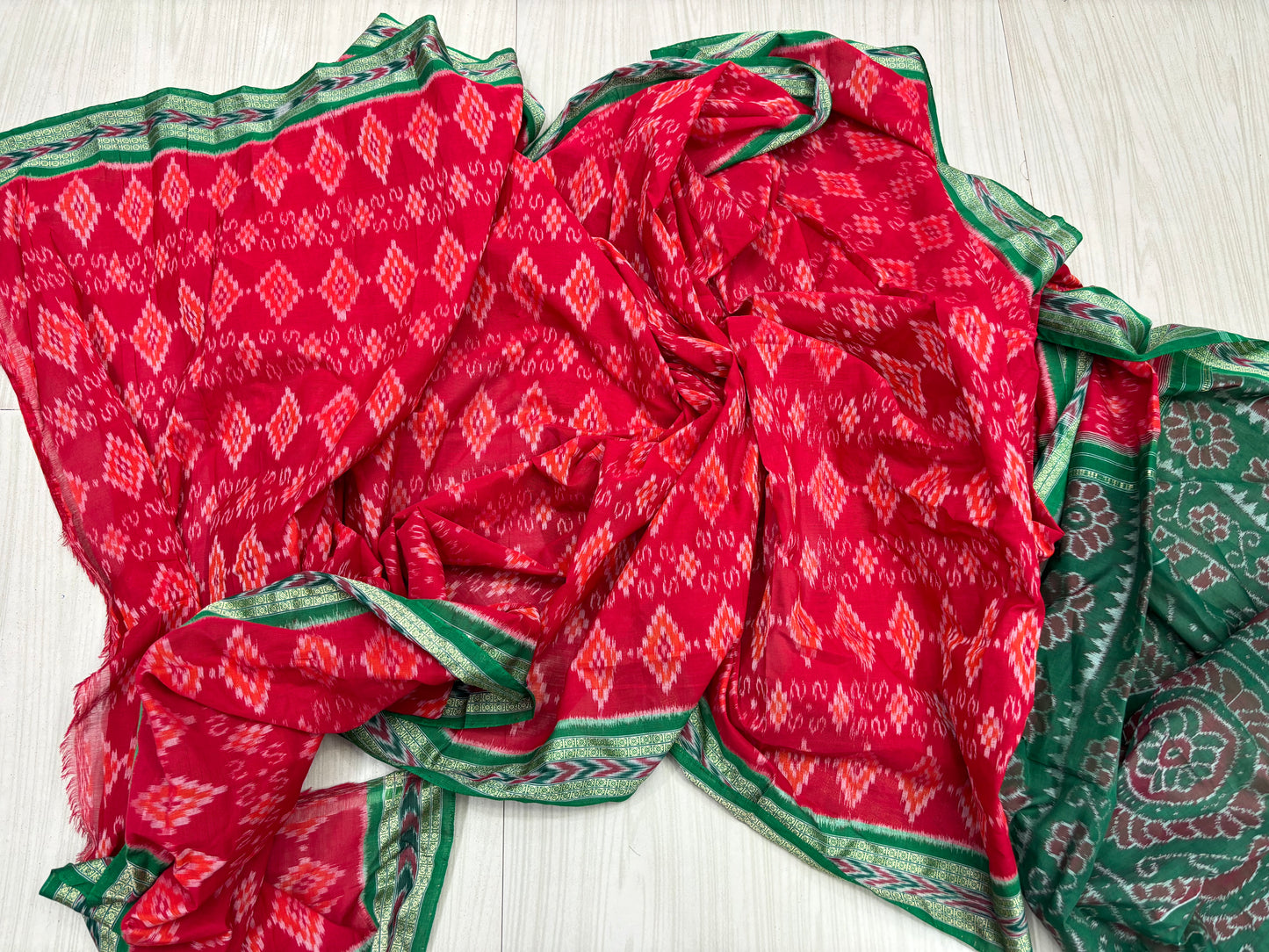 Red with green body pasapali khandua cotton saree