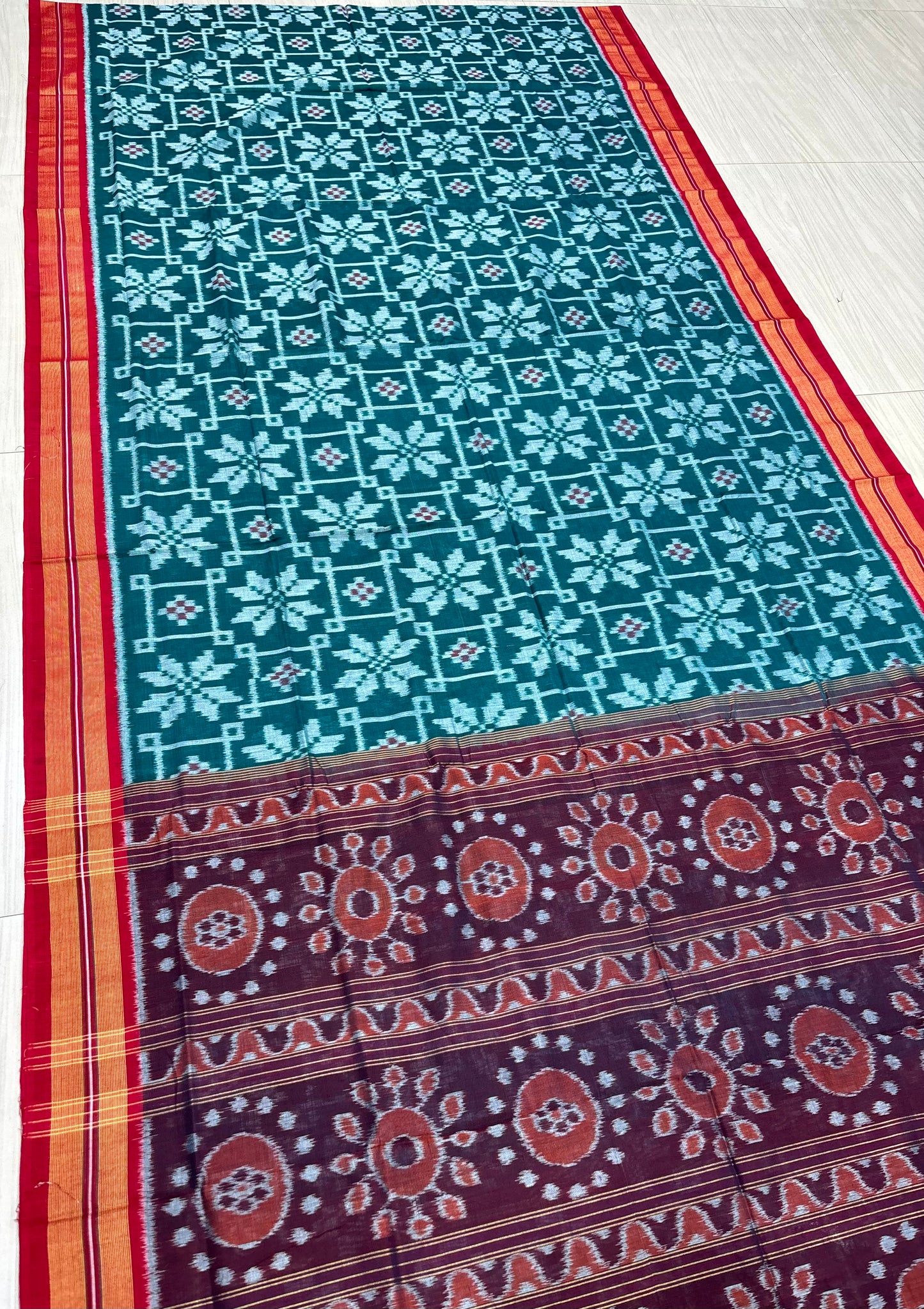 Green with red body flowers cotton saree