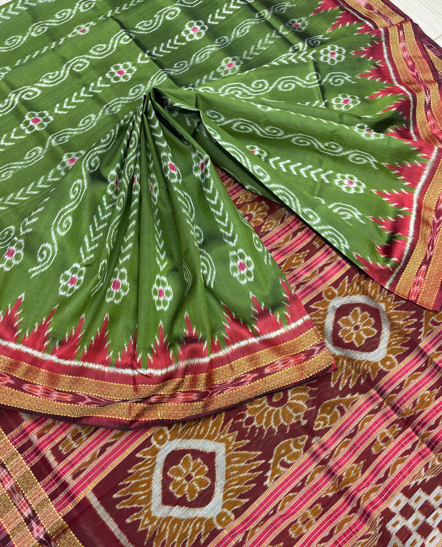 Mehendi green with red khandua silk saree