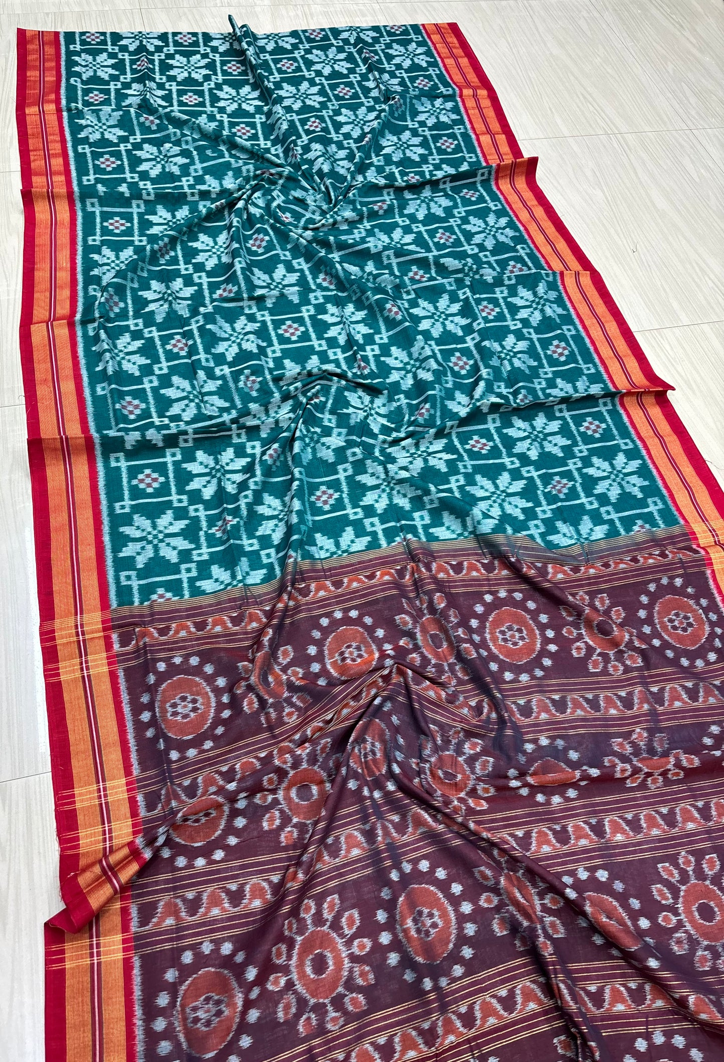 Green with red body flowers cotton saree