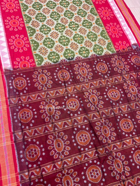 Mehendi green with red border flowers cotton saree