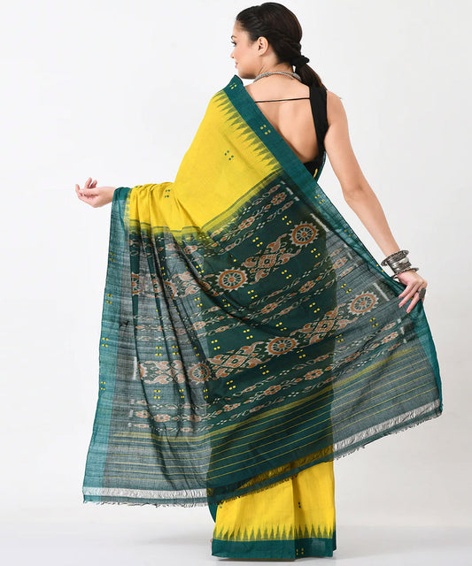 Yellow green border buti khandua cotton saree
