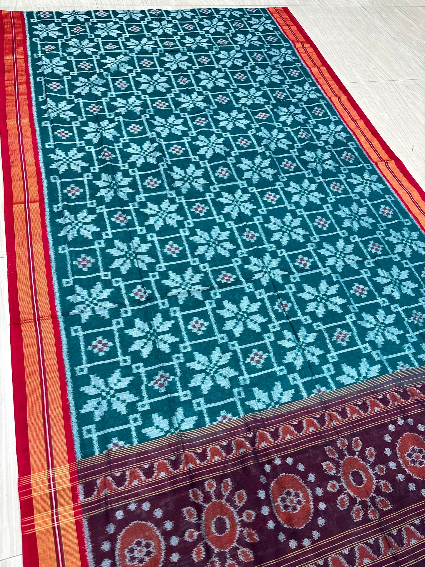 Green with red body flowers cotton saree