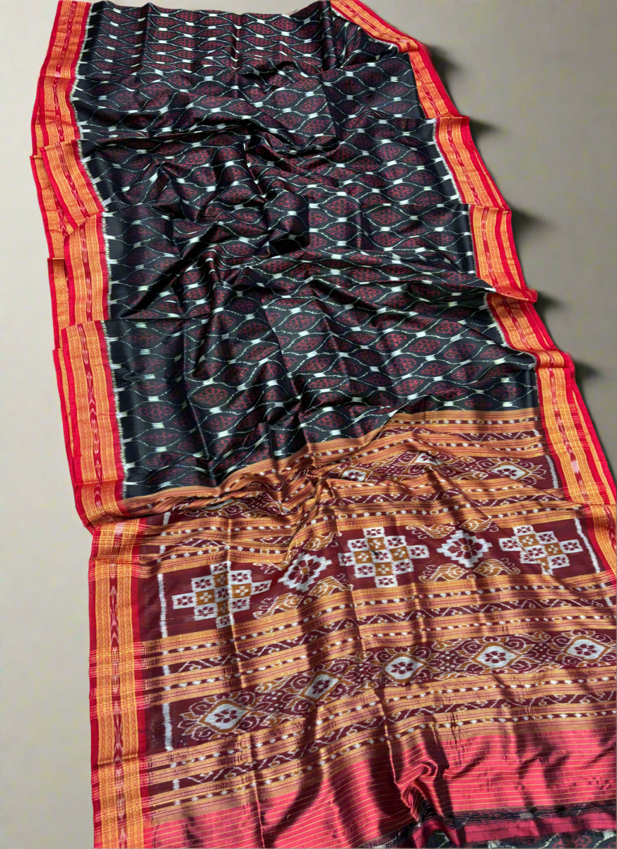 Black with red flowers khandua silk saree