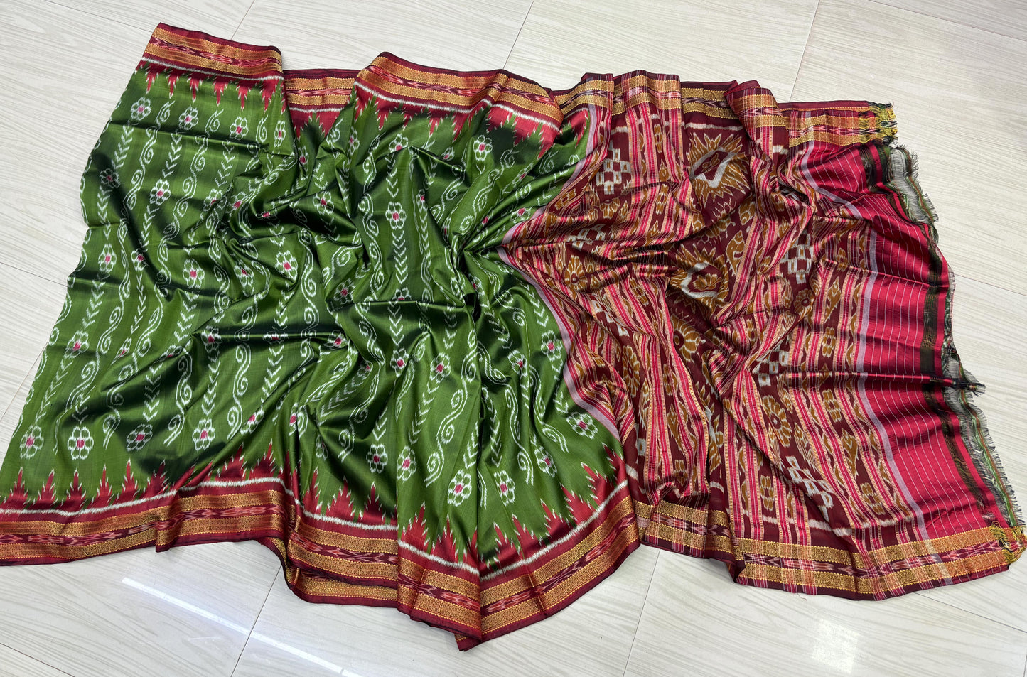 Mehendi green with red khandua silk saree
