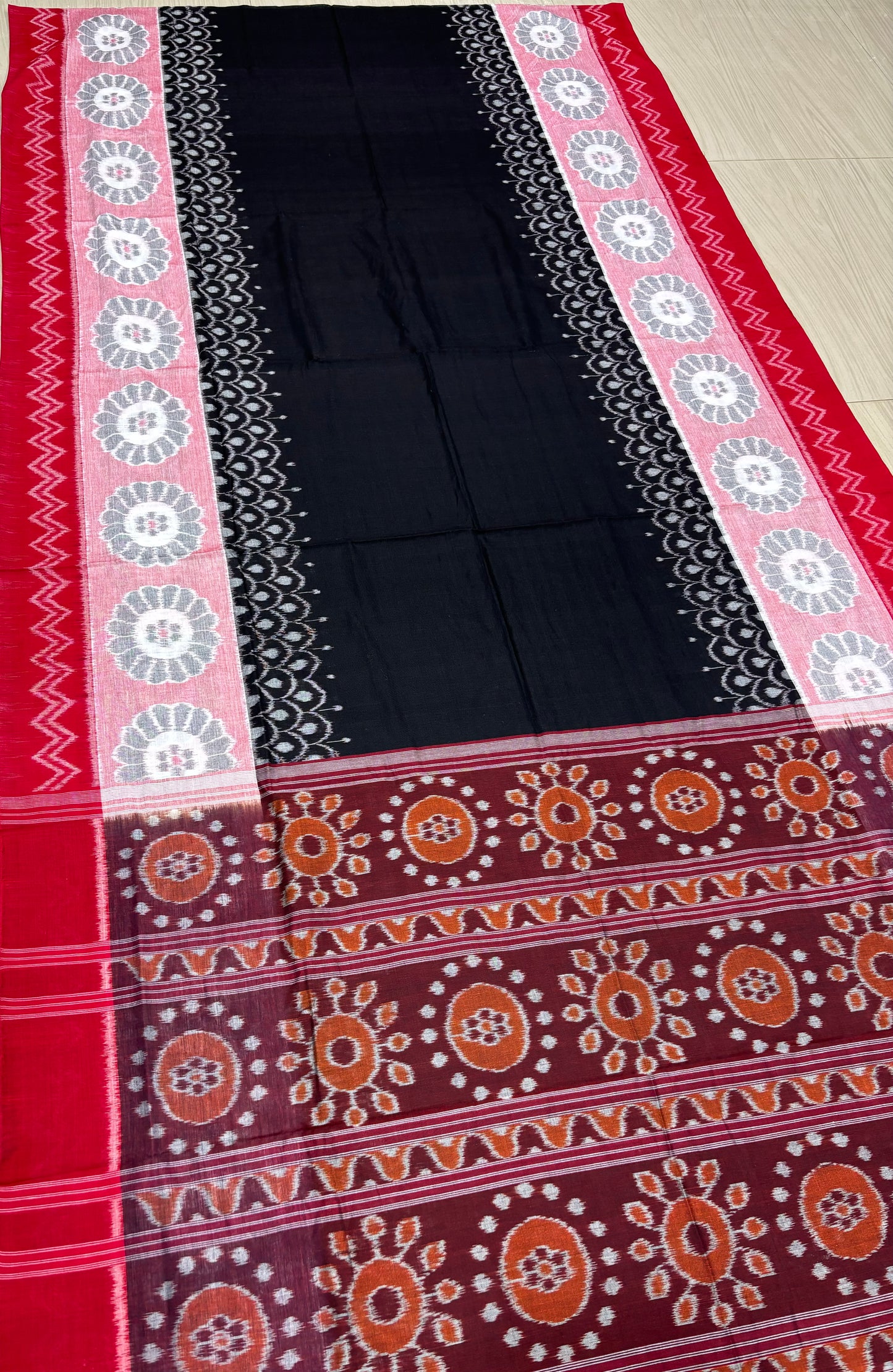 Black with red scot flowers cotton saree