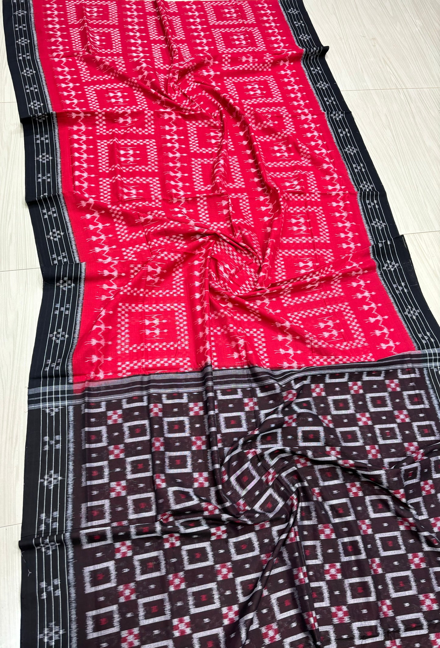 Red with black tribal cotton saree