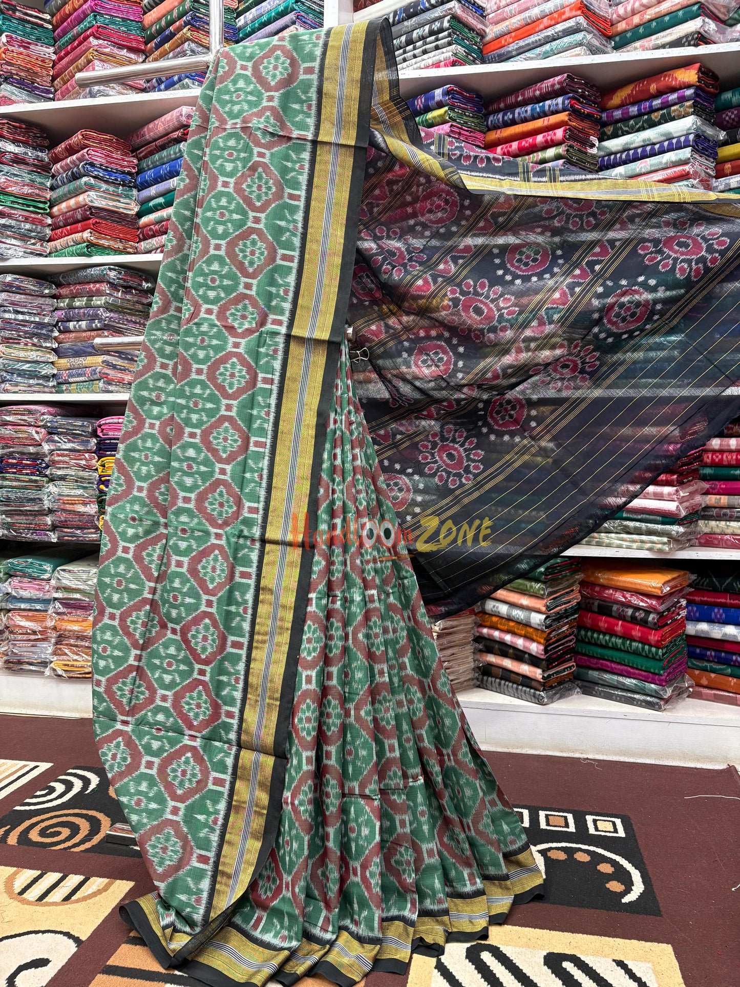 Exclusive olive with black khandua cotton saree