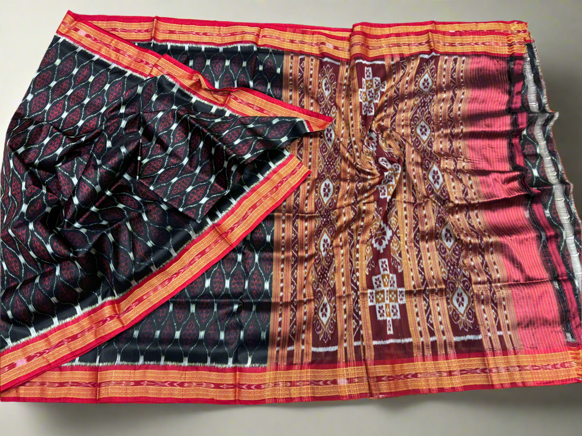 Black with red flowers khandua silk saree