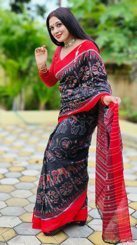 Black red khandua cotton saree