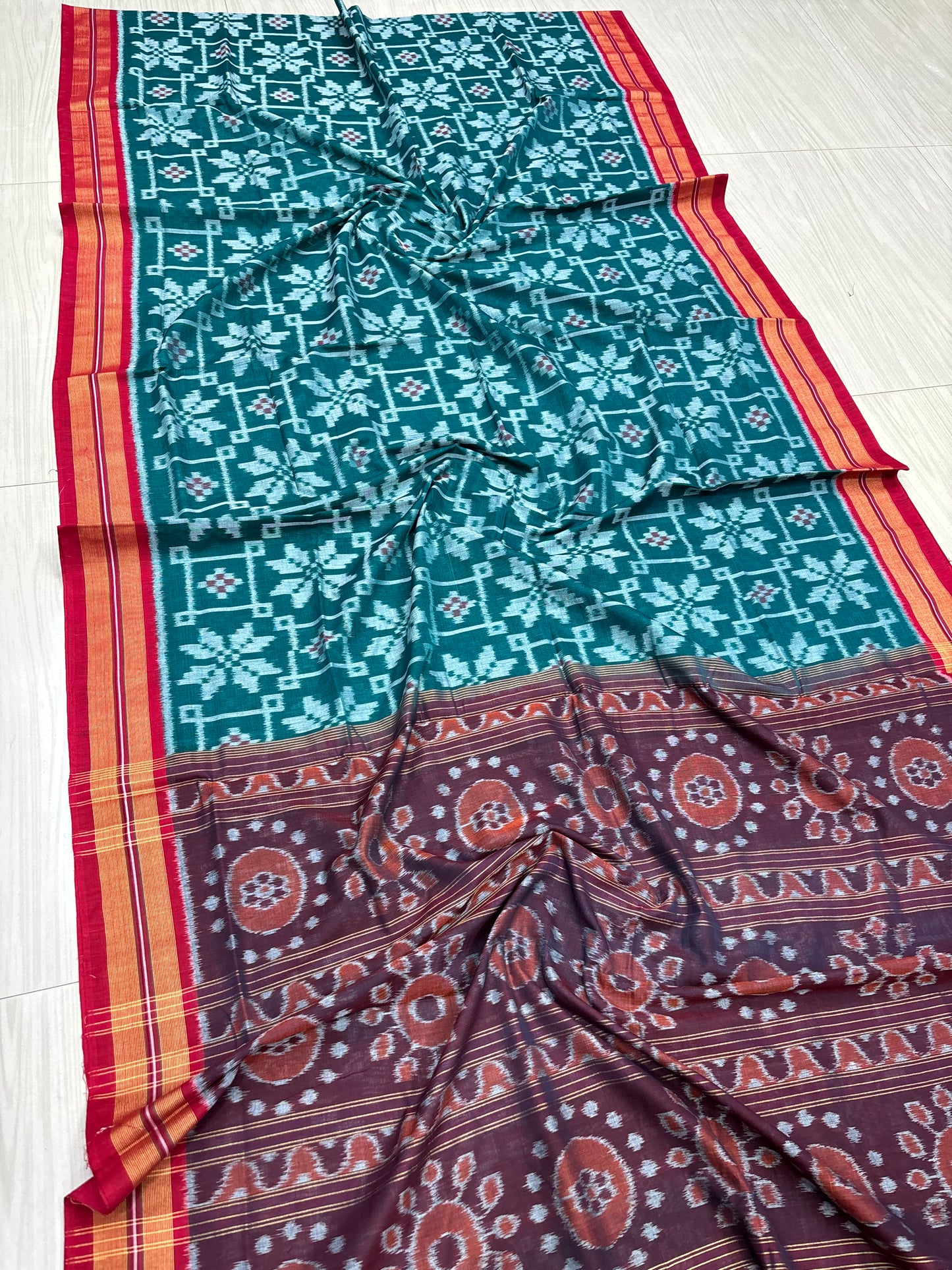 Green with red body flowers cotton saree