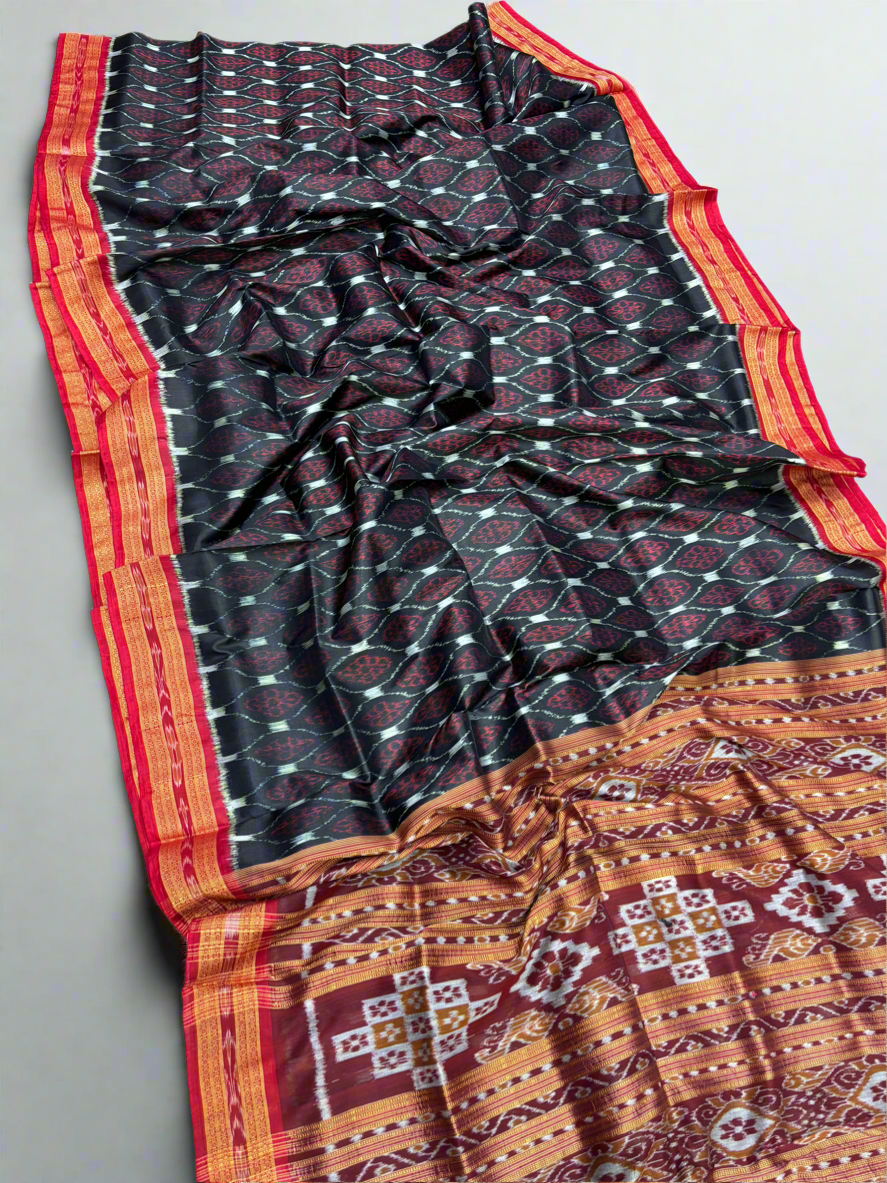 Black with red flowers khandua silk saree