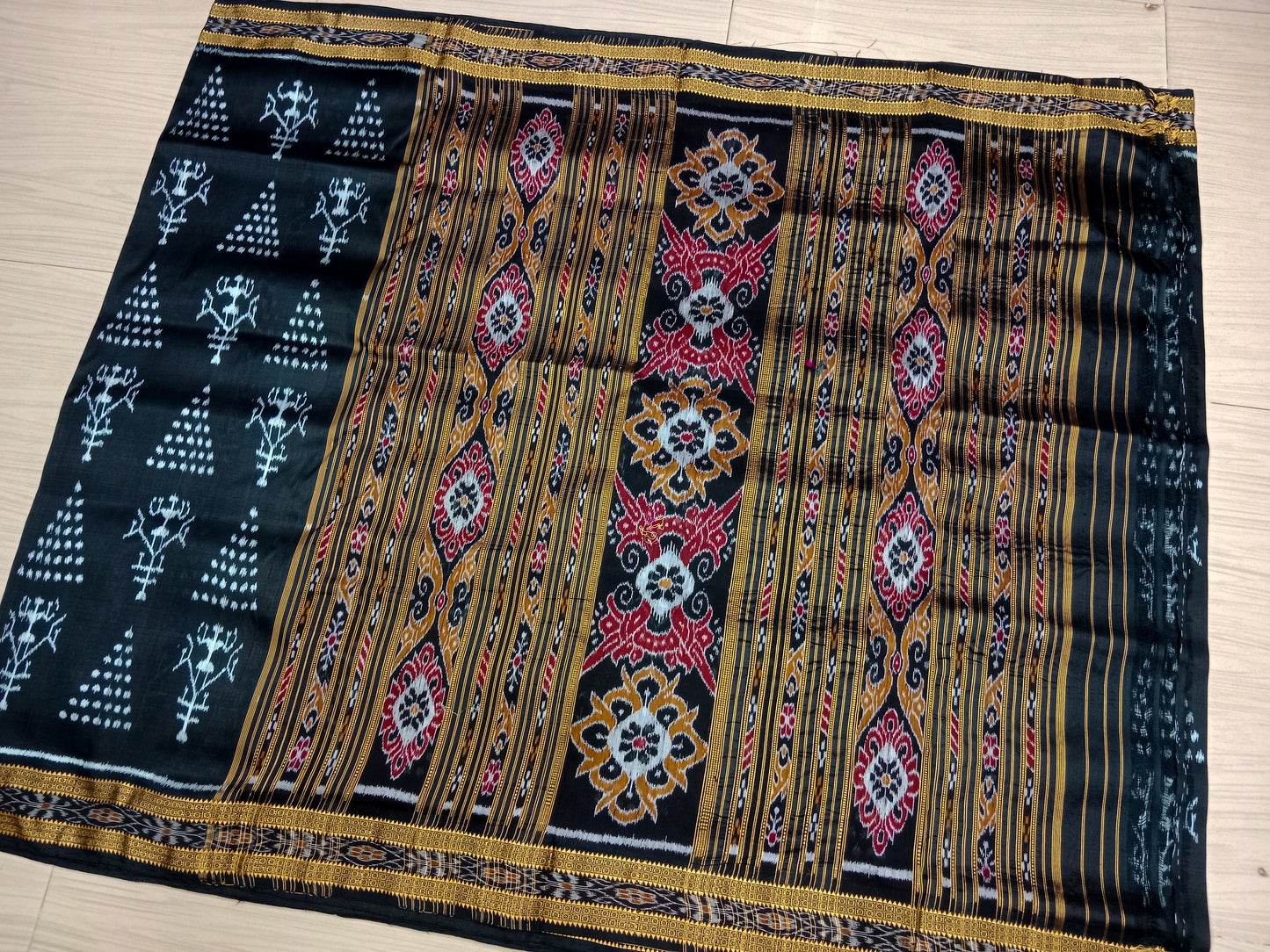 BLACK TRAIBAL CHITA KHANDUA SILK SAREE