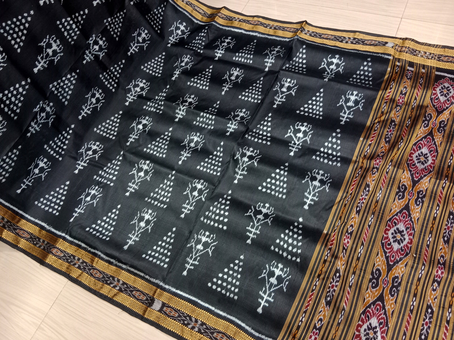 BLACK TRAIBAL CHITA KHANDUA SILK SAREE