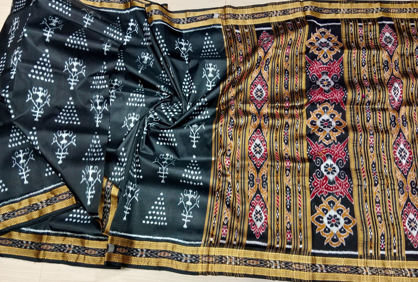 BLACK TRAIBAL CHITA KHANDUA SILK SAREE