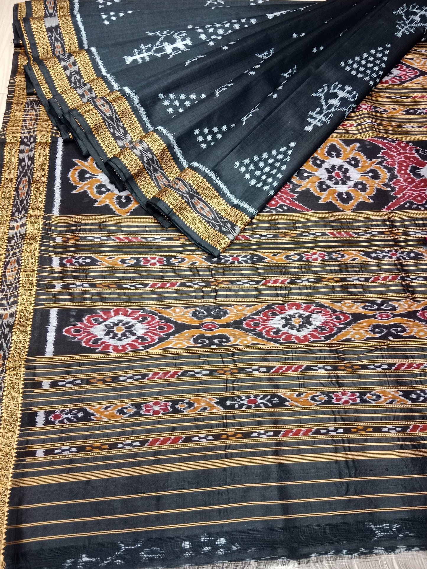 BLACK TRAIBAL CHITA KHANDUA SILK SAREE