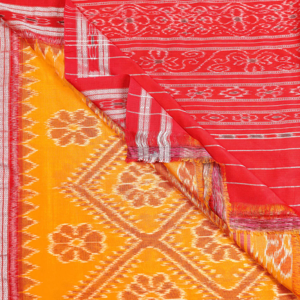 YELLOW WITH RED BORDER BIG FLOWER COTTON SAREE