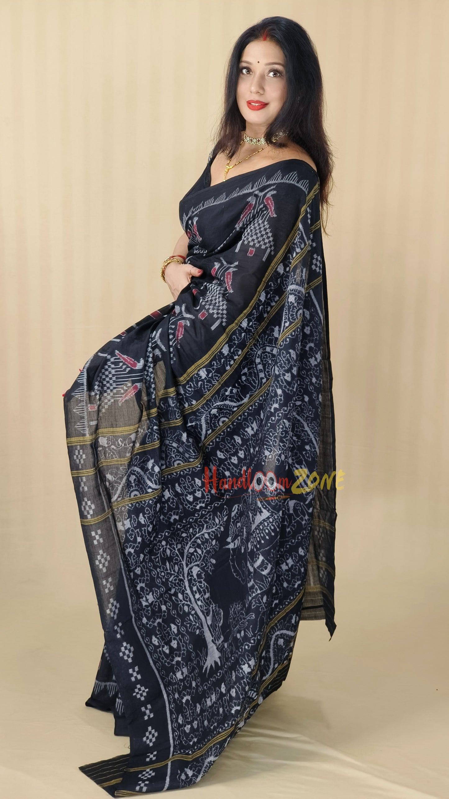Contemporary black house khandua cotton saree