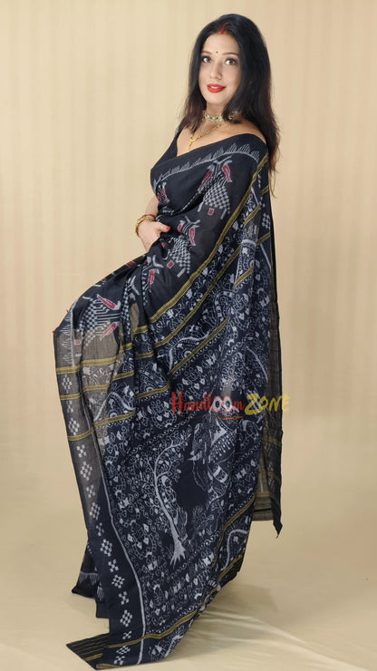 Contemporary black house khandua cotton saree
