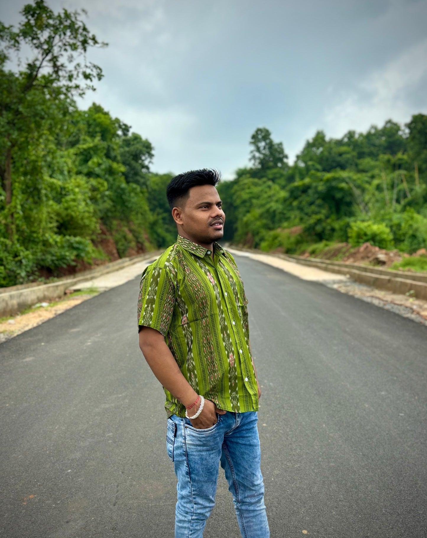 Green Flower Ikat (Mens' Half Shirt)