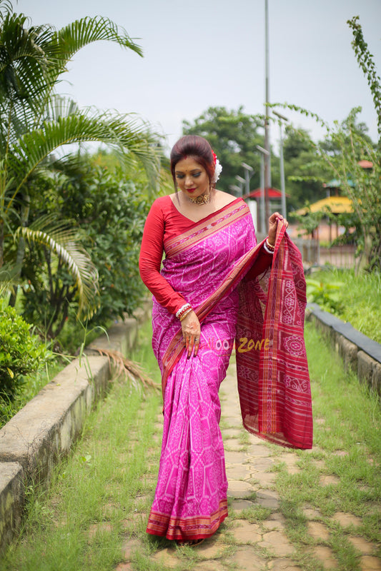 Pink with meroon khandua cotton saree