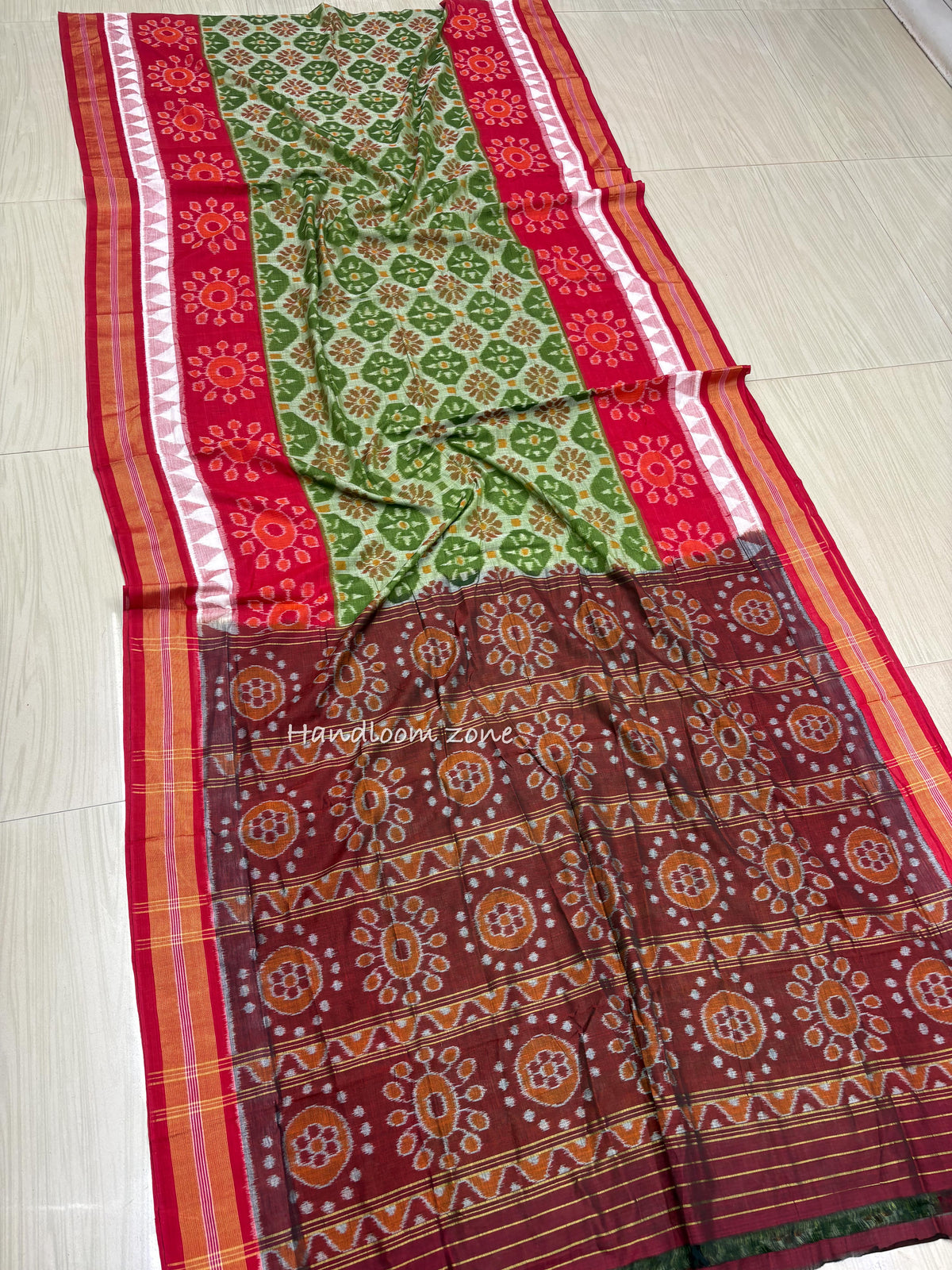 Mehendi green with red border flowers cotton saree