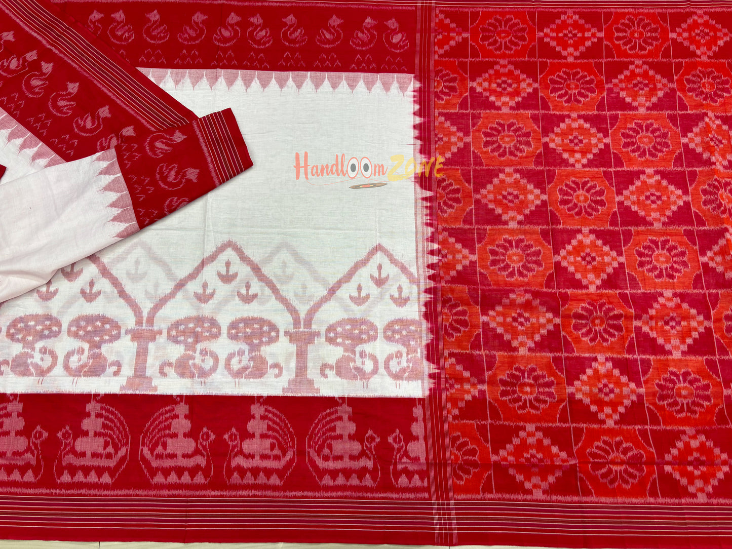 White red with boat border khandua cotton saree