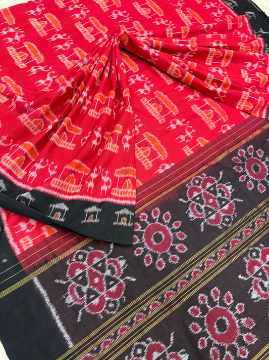 Red with black tribal house khandua cotton saree