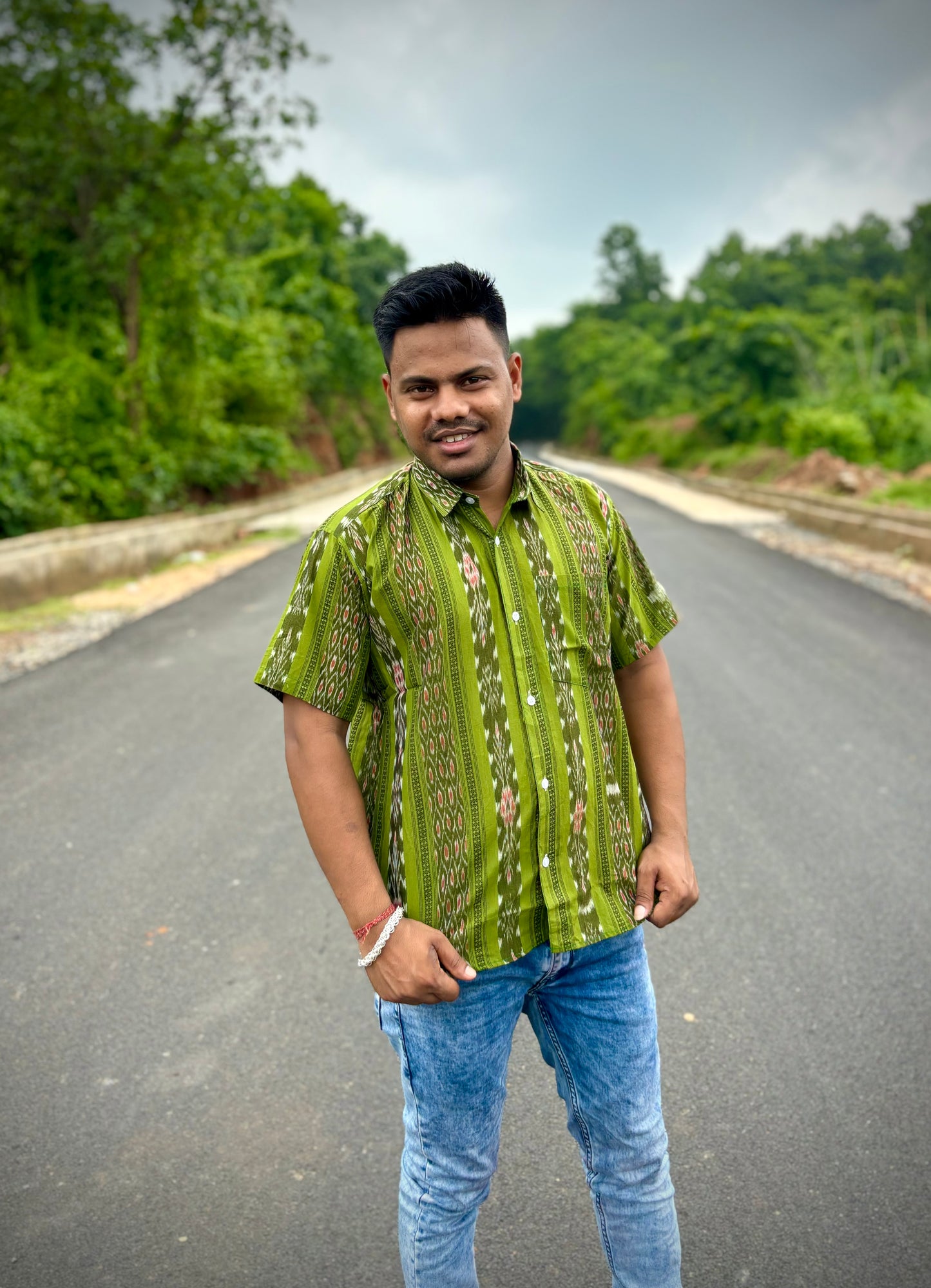 Green Flower Ikat (Mens' Half Shirt)