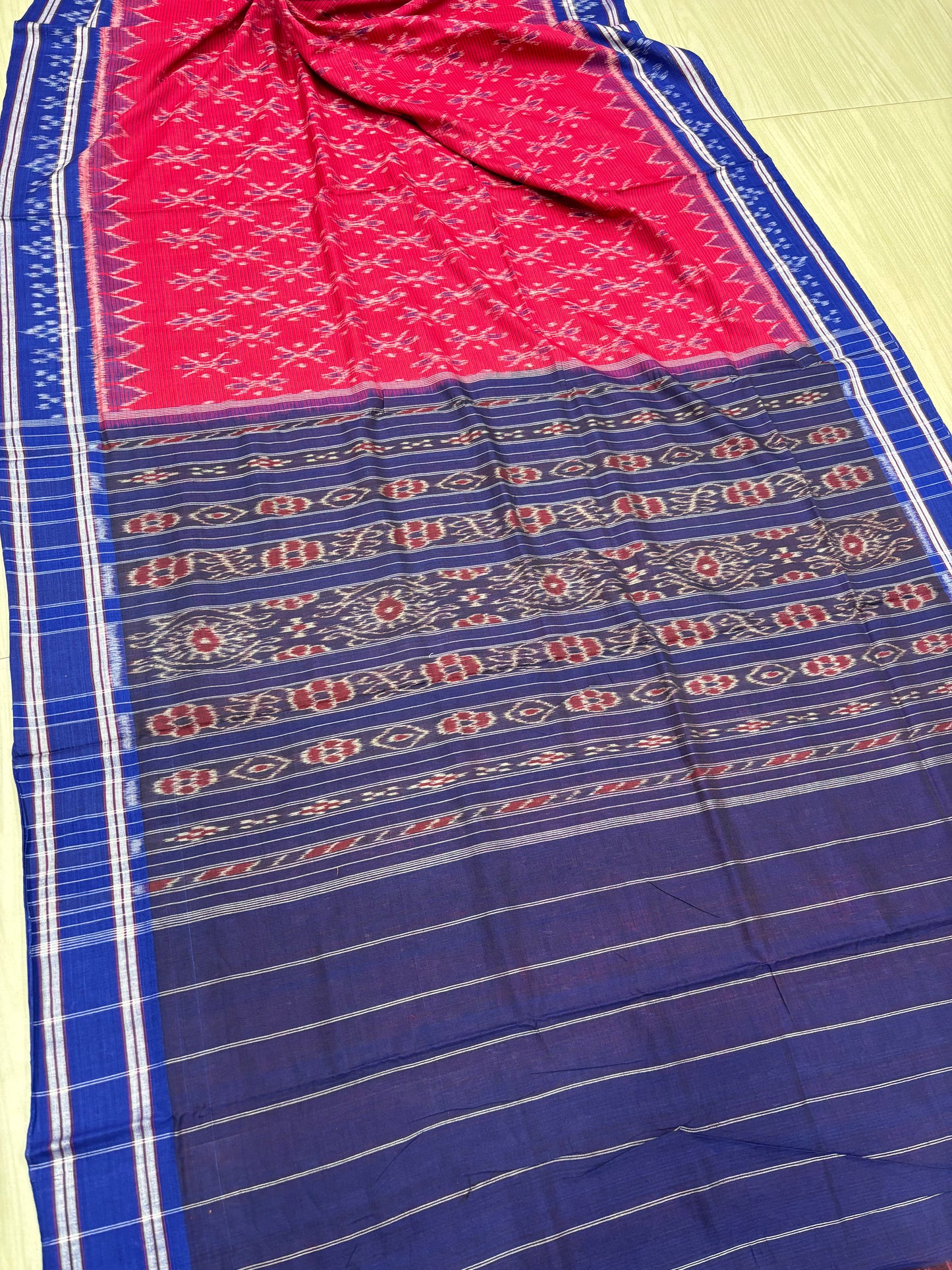 Red with blue border khandua cotton saree