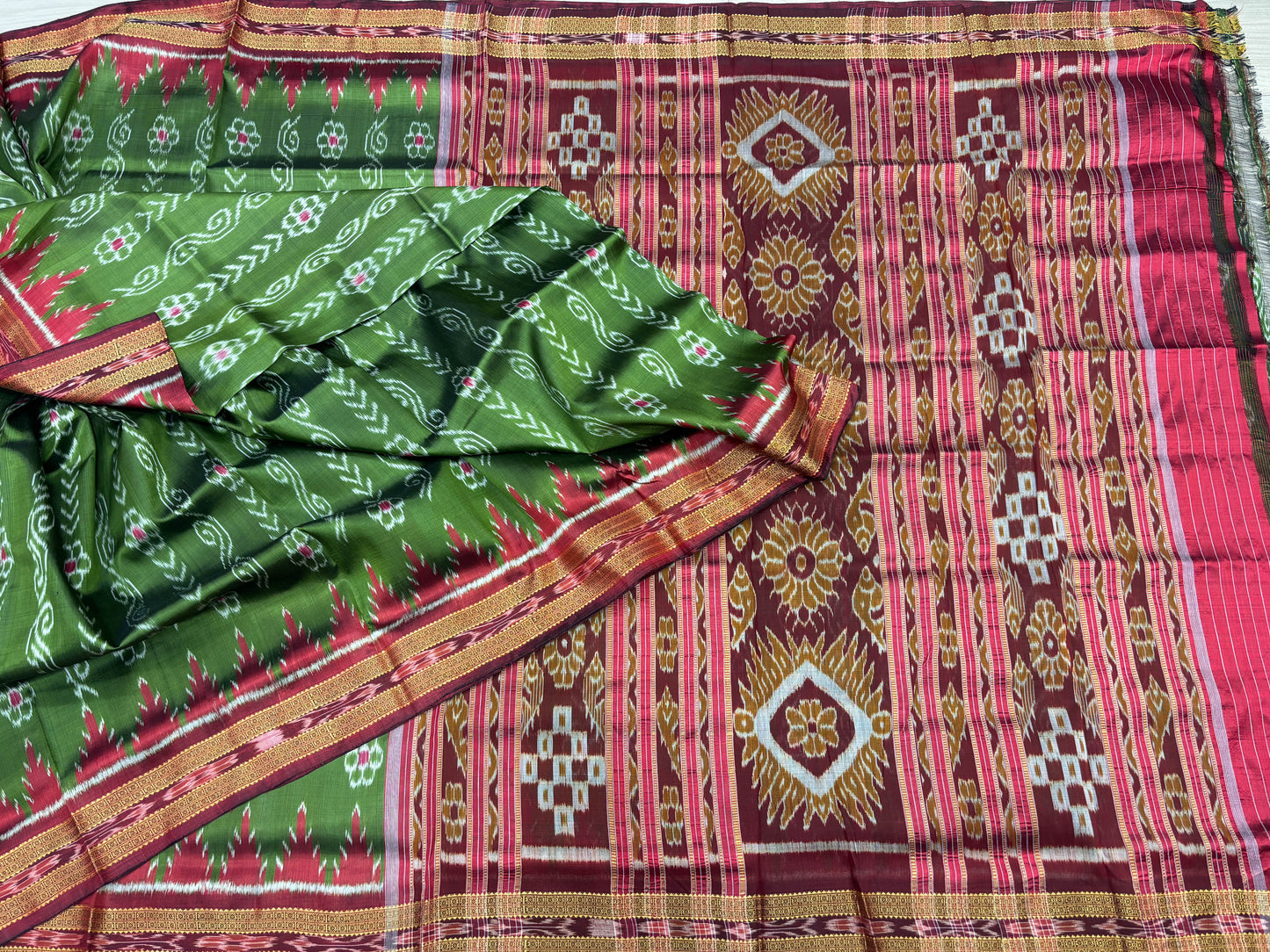 Mehendi green with red khandua silk saree