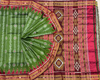 Mehendi green with red khandua silk saree