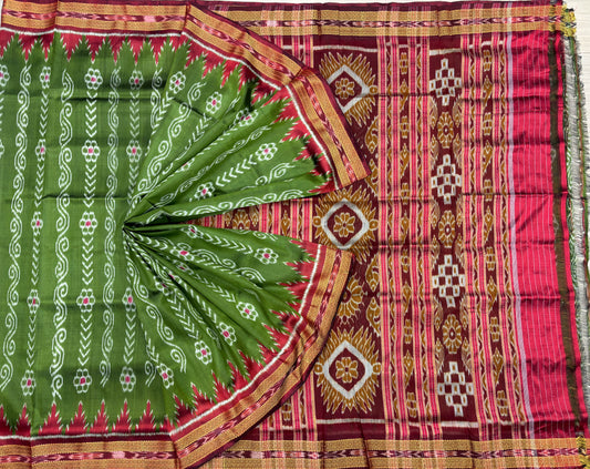 Mehendi green with red khandua silk saree