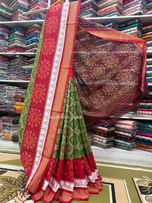 Mehendi green with red border flowers cotton saree