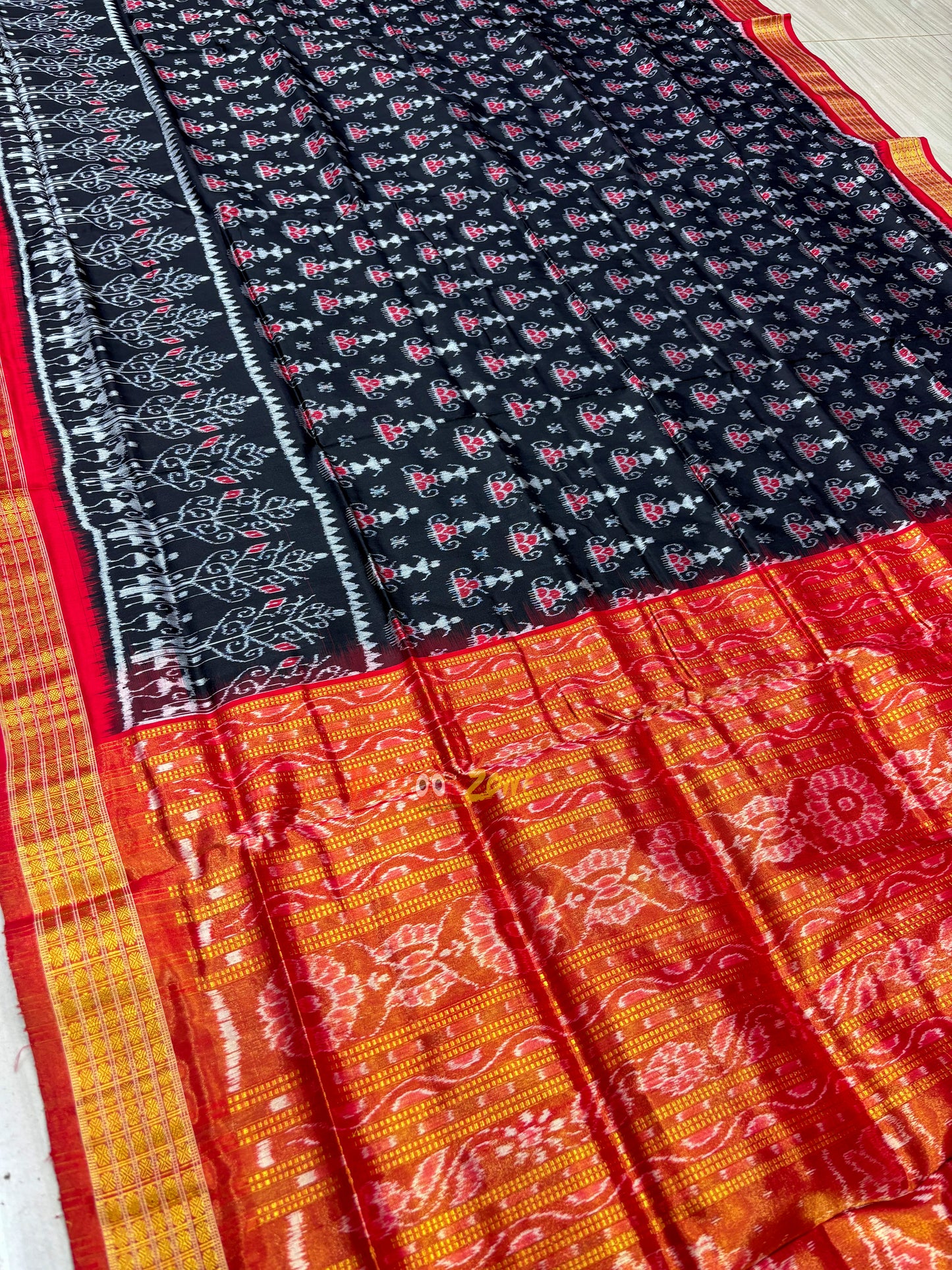 Black red Sambalpuri half tissue pure silk saree