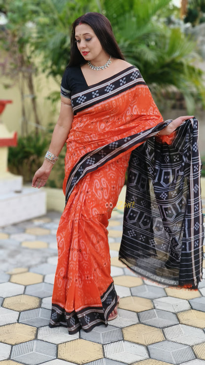 Orange with black border pasapali cotton saree