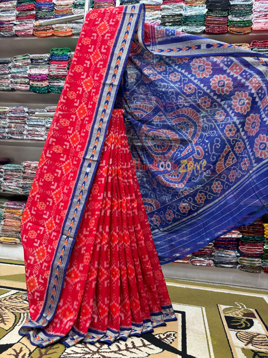 Red with blue border khandua cotton saree