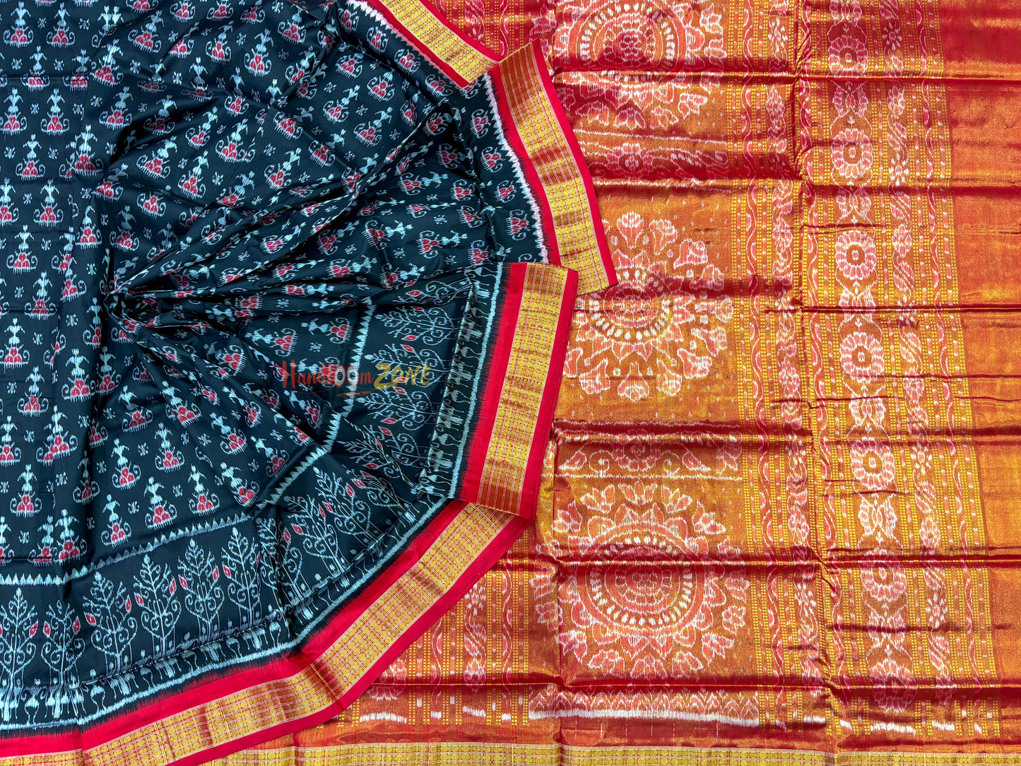 Black red Sambalpuri half tissue pure silk saree
