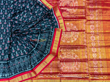 Black red Sambalpuri half tissue pure silk saree