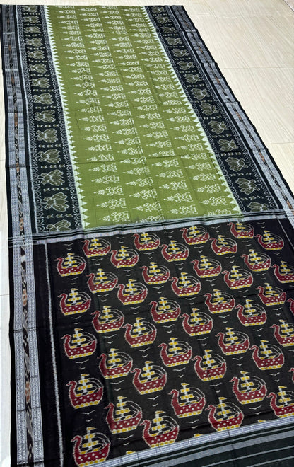 Mehendi with black boat anchal cotton saree