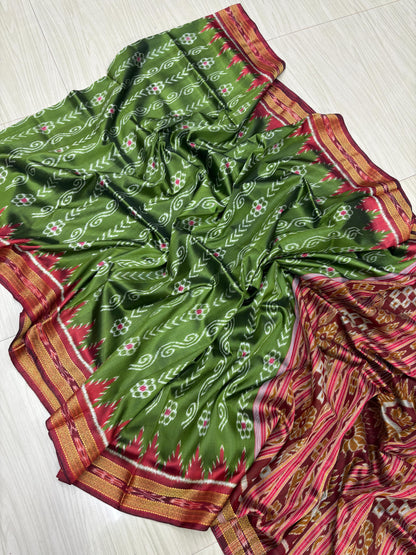 Mehendi green with red khandua silk saree