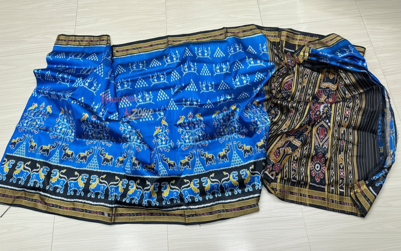 Lion scot with tribal khandua silk saree