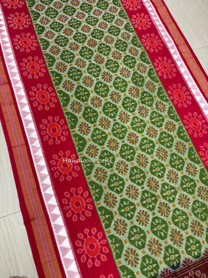 Mehendi green with red border flowers cotton saree