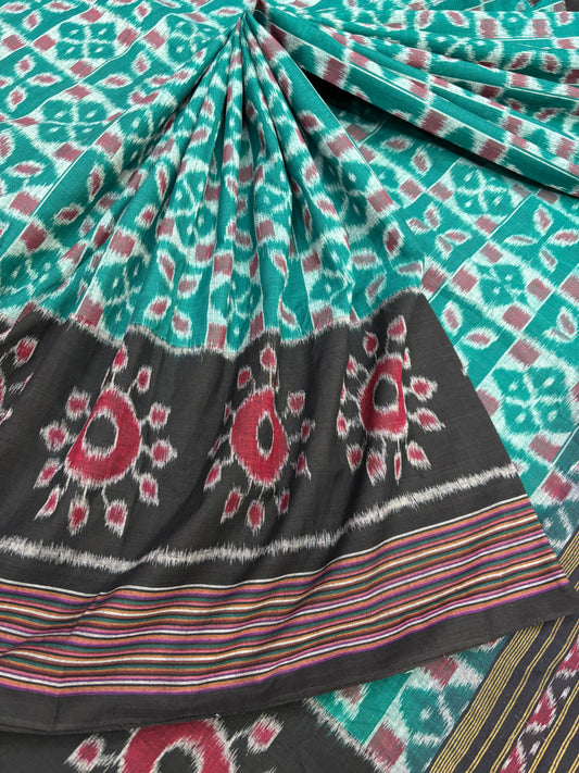 Green with black khandua cotton saree